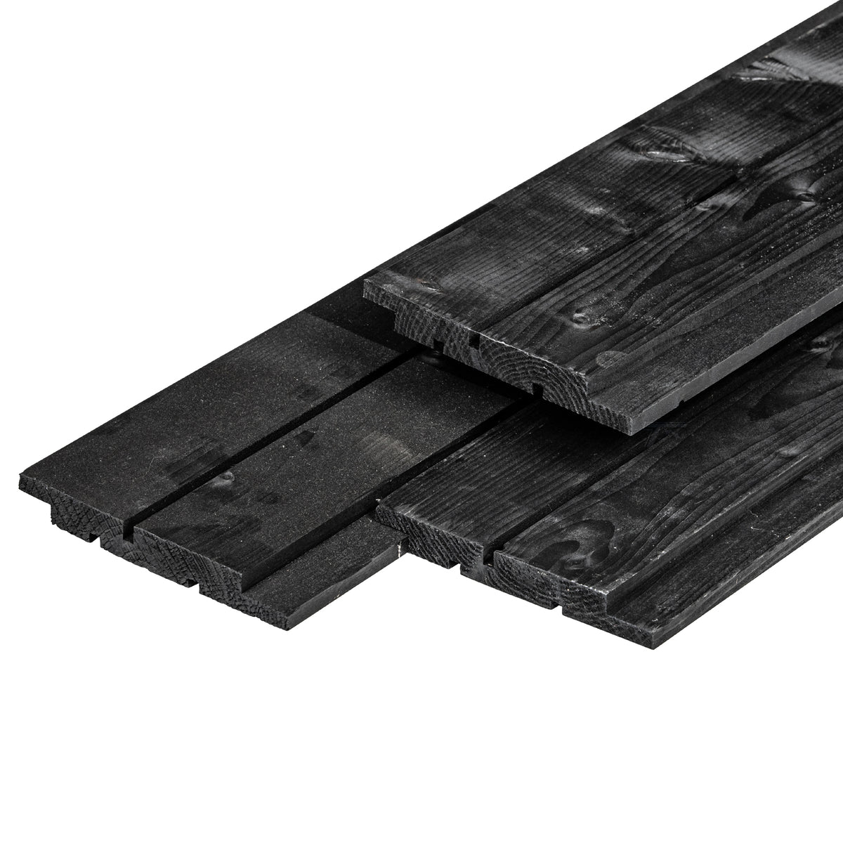 NE vuren channelsiding 1,8 x 14,5 x 420 cm, gedroogd, zwart gespoten, geschaafd, 1 zijde 1 groef, 1 zijde 2 groeven