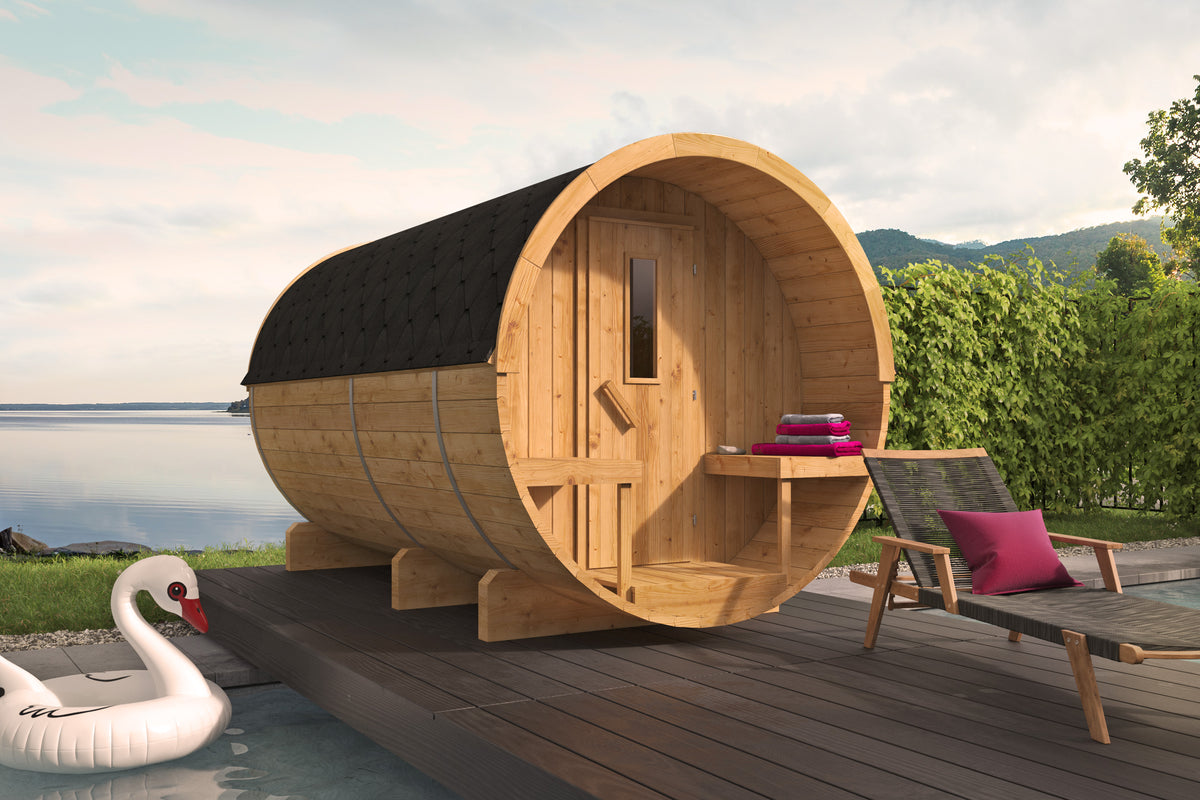 Saunabarrel | Ø205 x 350 cm | 42 mm | Thermowood | met panorama raam