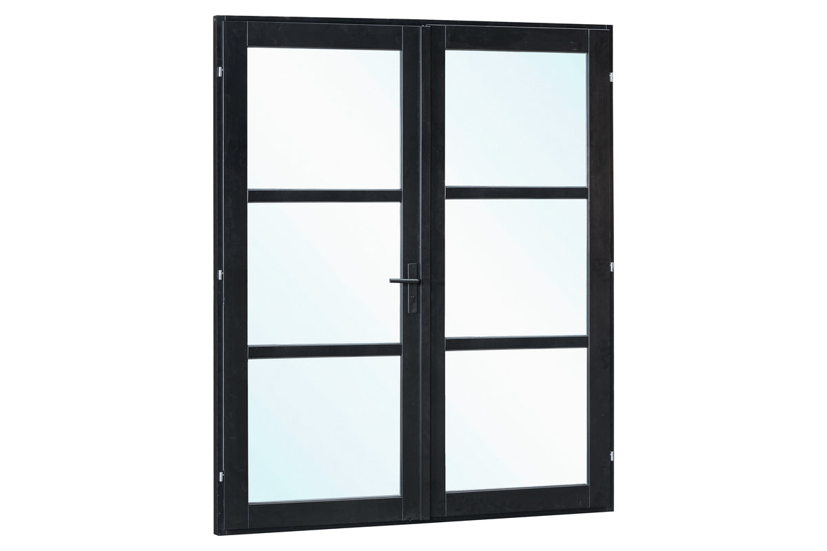 Vuren steellook dubbele glas deur zwart gespoten B2050xH2120mm buitenmaat, linksdraaiend