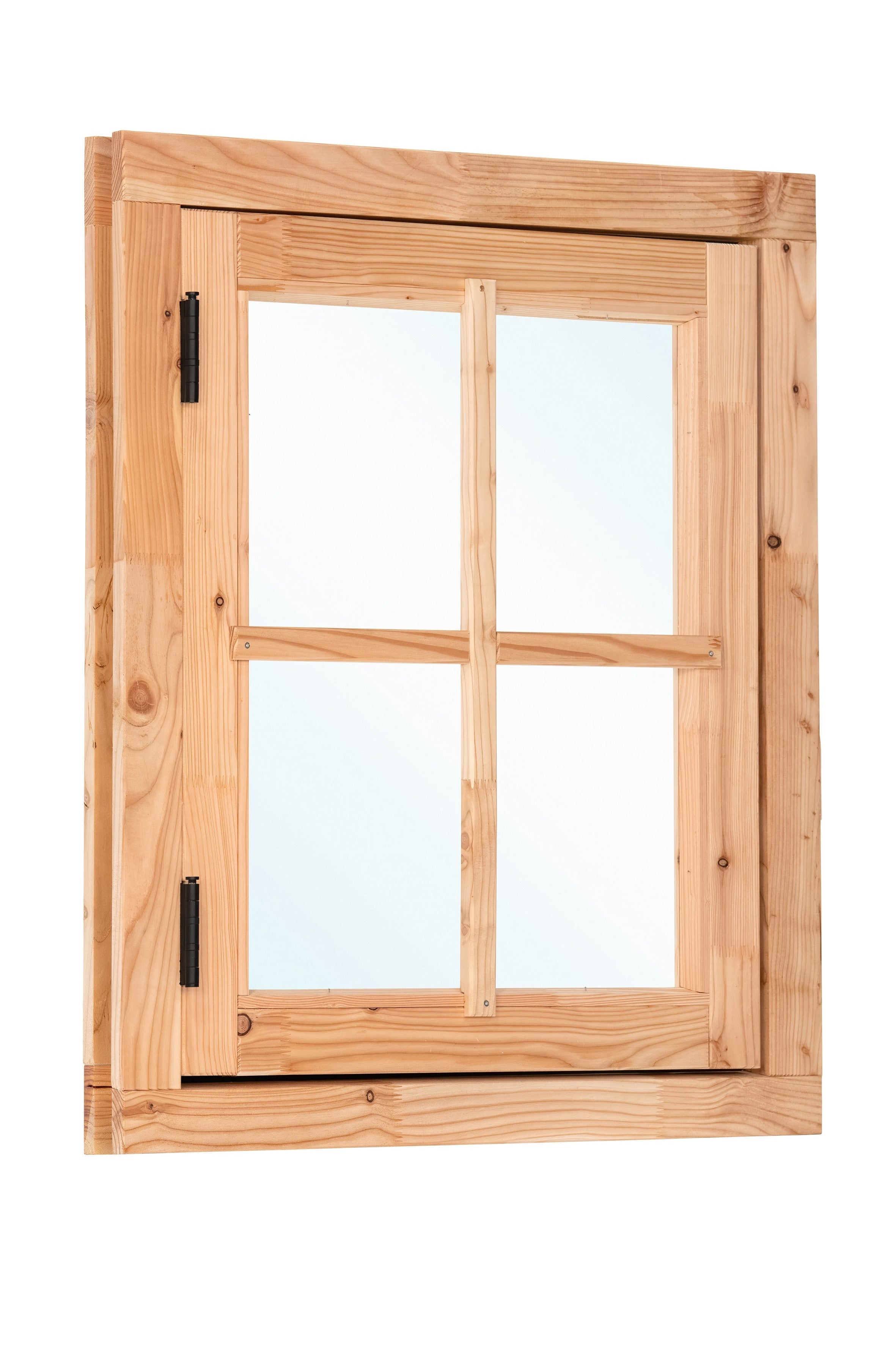 Douglas draairaam dubbelglas buitenmaat B90 x H105 cm onbehandeld, 4-ruits, linksdraaiend, afsluitbaar met raamkruk met zwart beslag