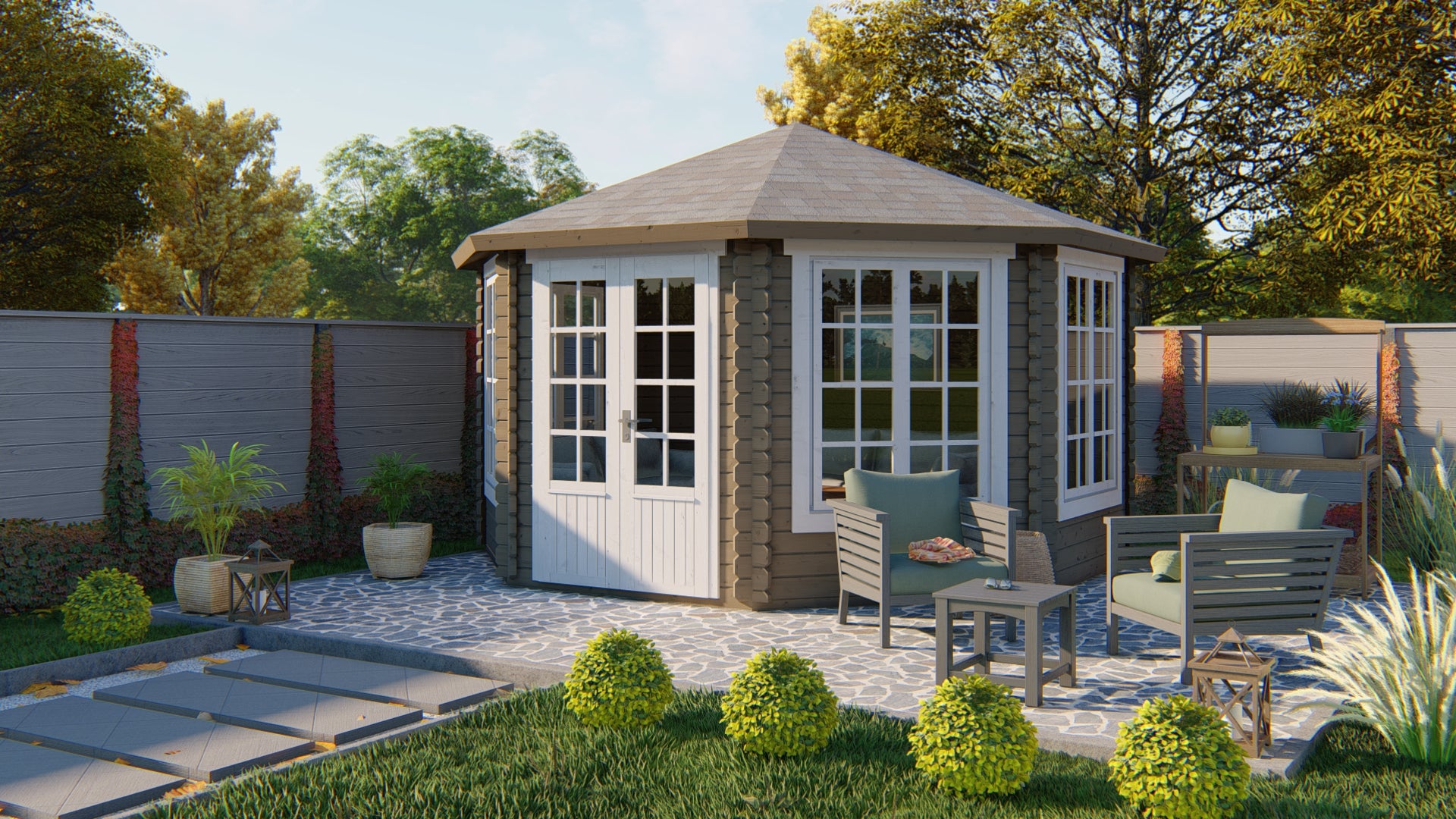 Blokhut - Tuinhuis Lynn | 44 mm | vuren bruin geïmpregneerd