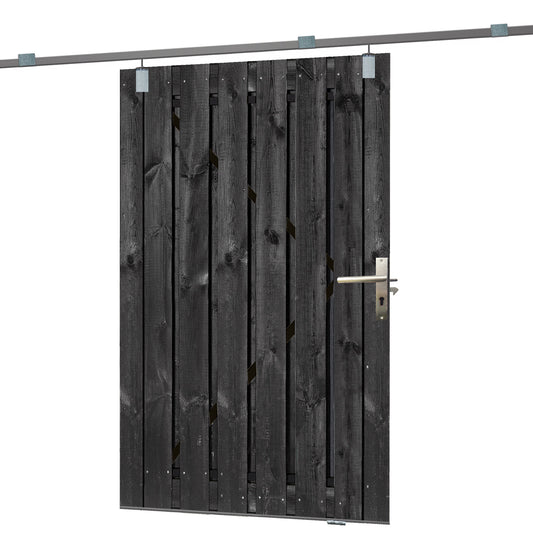 Tuindeur schuifsysteem grenen geïmpregneerd en zwart gespoten H195 x 130 cm