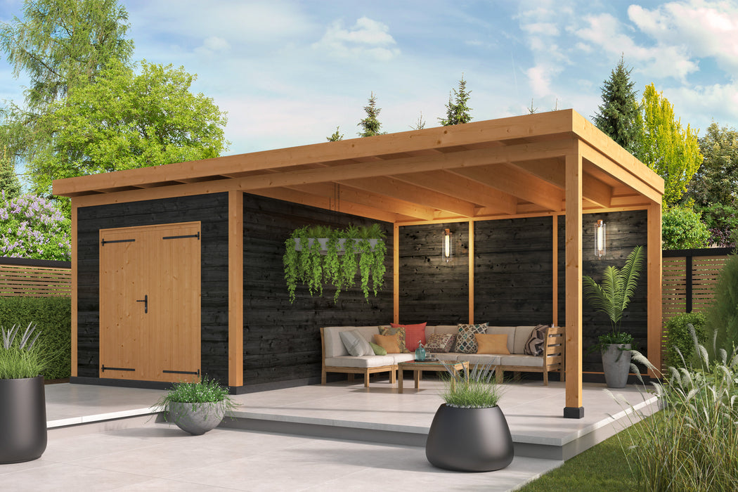 DHZ verblijf Hellendoorn 700 x 400 cm incl. dubbele deur, horizontale wanden zwart geïmpregneerd
