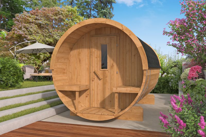Saunabarrel | Ø205 x 300 cm | 42 mm | Thermowood | met ½ panorama raam