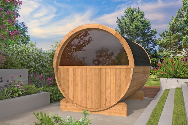 Saunabarrel | Ø205 x 300 cm | 42 mm | Thermowood | met ½ panorama raam