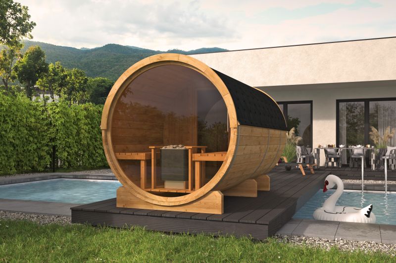 Saunabarrel | Ø205 x 350 cm | 42 mm | Thermowood | met panorama raam