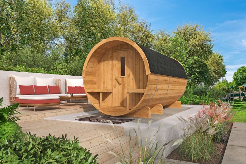 Saunabarrel | Ø205 x 400 cm | 42 mm | Thermowood | met ½ panorama raam