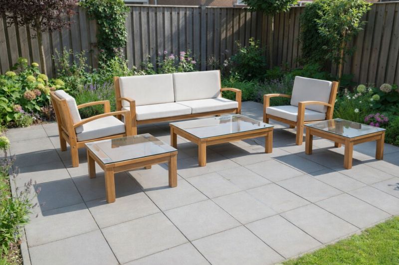 Teak modulaire lounge set Tambora – Bijzettafel/Hocker incl. kussen en glasplaat – 80 x 80 x H30/40cm