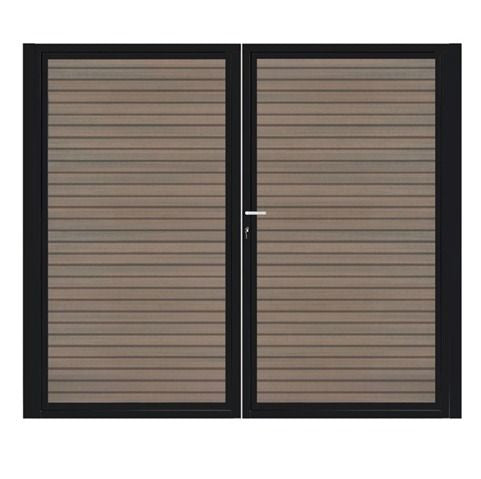 Dubbele stalen poort, zwart gepoedercoat, fijnstructuur, incl. hang- en sluitwerk (t.b.v. profielen 21mm dik)