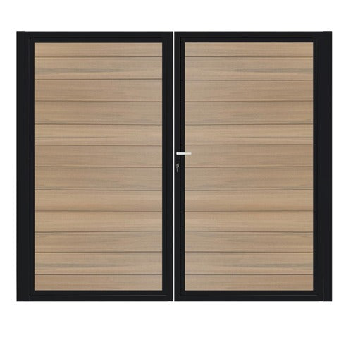 Dubbele stalen poort, zwart gepoedercoat, fijnstructuur, incl. hang- en sluitwerk (t.b.v. profielen 21mm dik)