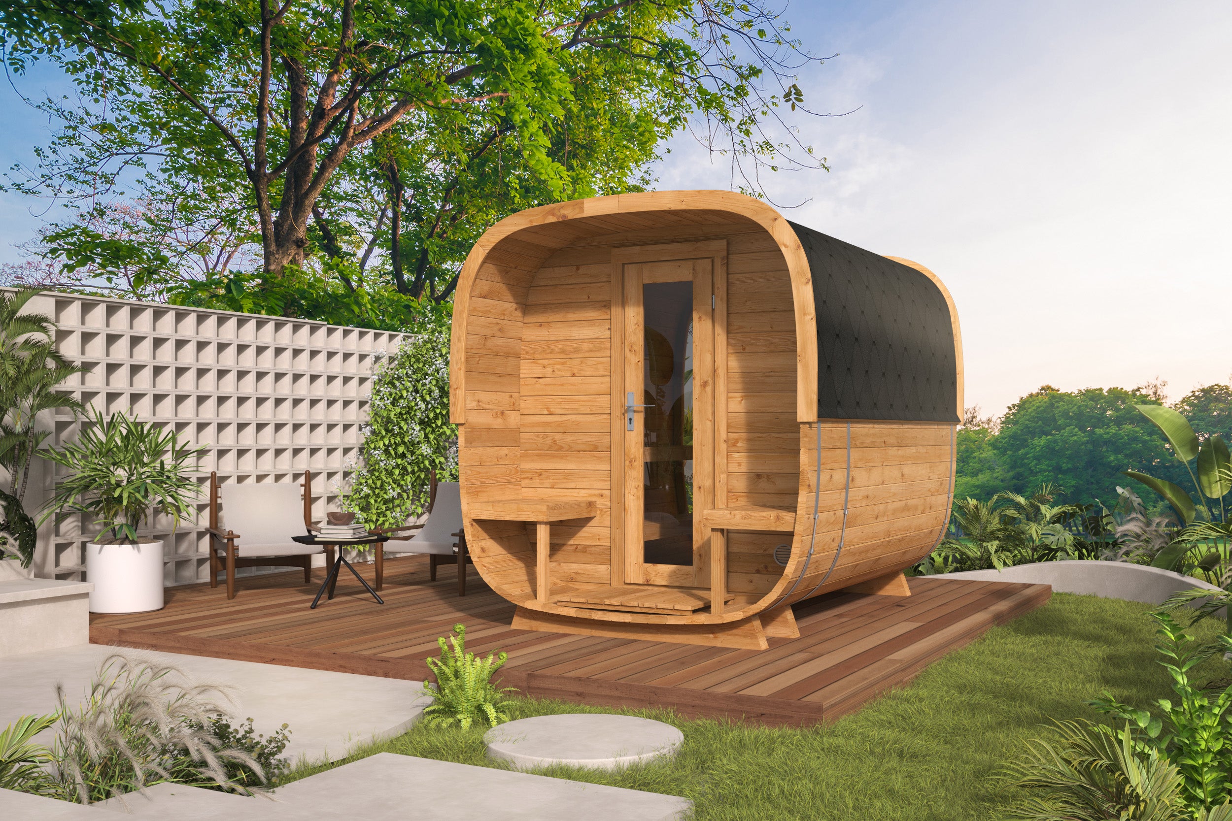 Sauna cube Rovaniemi 280 cm | 42 mm | Thermowood | met panorama raam