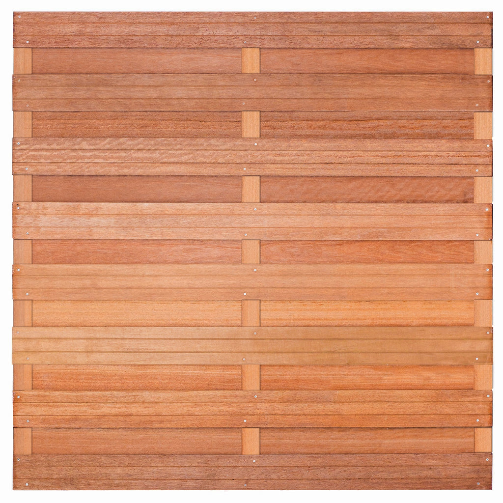 Tuinscherm Bronkhorst, keruing hardhout, RVS-geschroefd, horizontaal, 18-planks (15+3) 180 x 180 cm