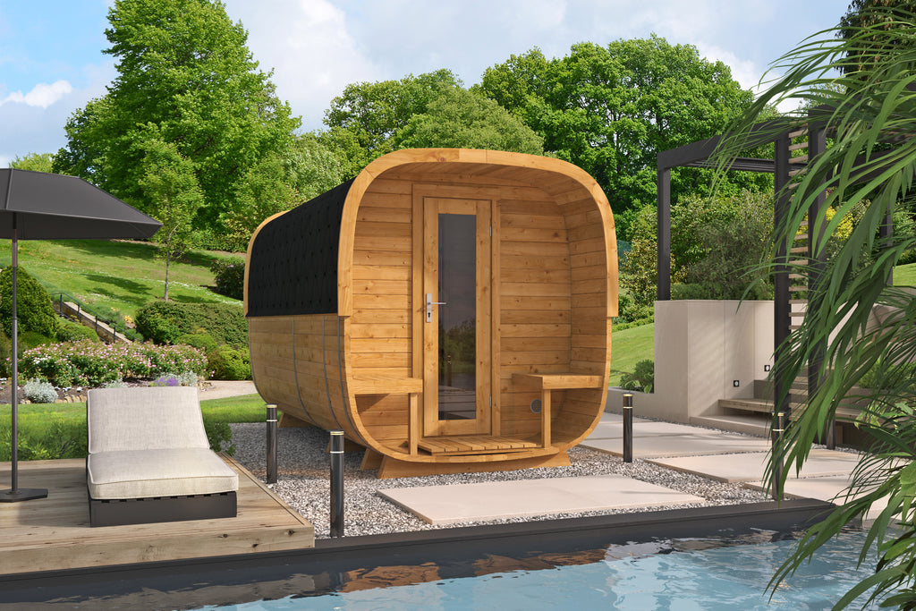 Sauna cube Rovaniemi 390 cm | 42 mm | Thermowood | met ½ panorama raam