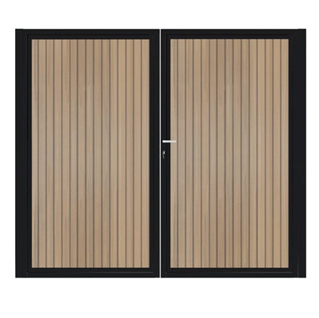 Dubbele stalen poort, zwart gepoedercoat, fijnstructuur, incl. hang- en sluitwerk (t.b.v. profielen 21mm dik)