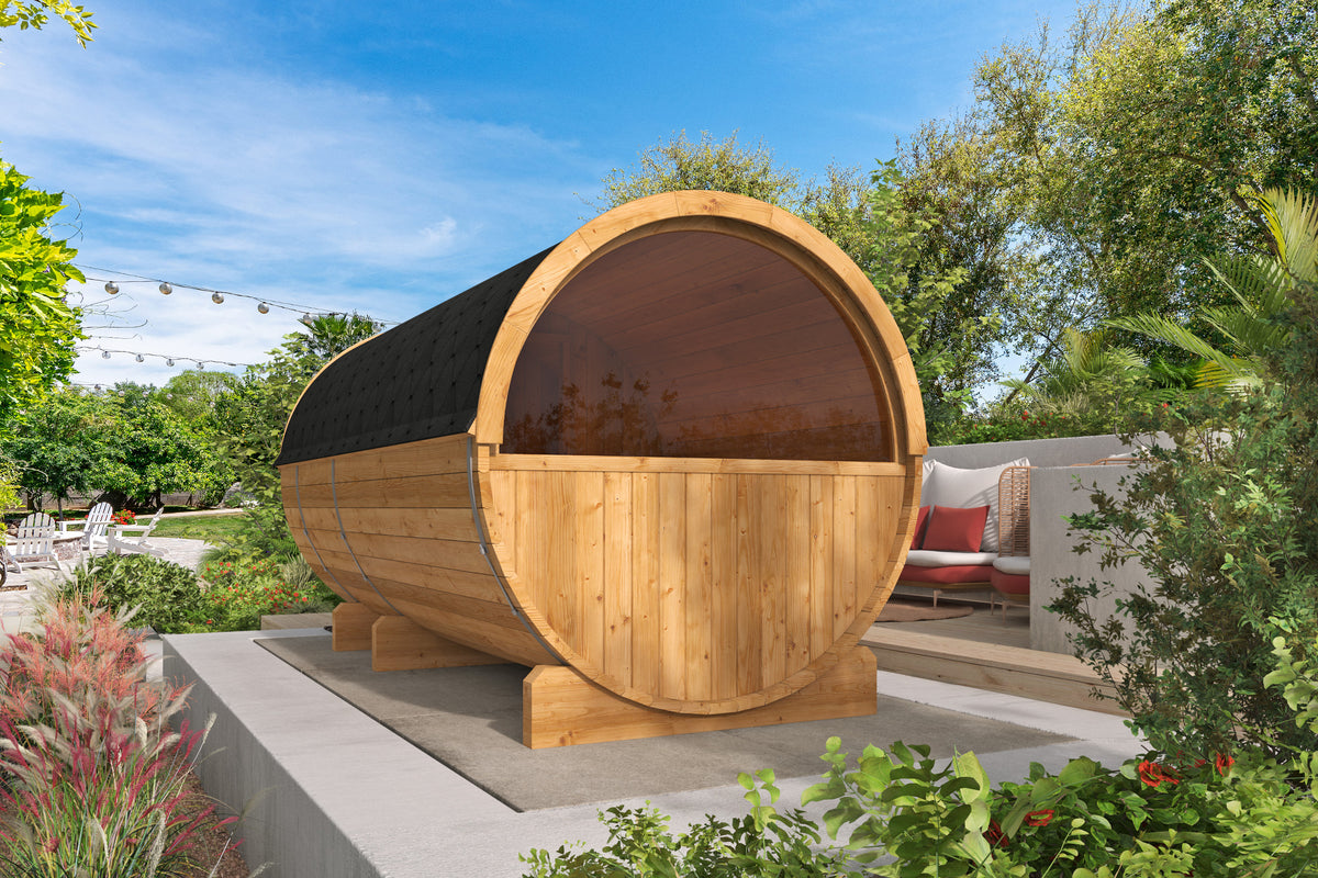 Saunabarrel | Ø205 x 400 cm | 42 mm | Thermowood | met ½ panorama raam