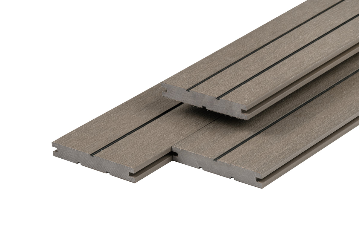 PuraDock composiet vlonderplank 2,2 x 14,6 x 390 cm, light grey, massief, 1 zijde 1 groef, 1 zijde 2 groeven, fijne houtnerf, clip systeem