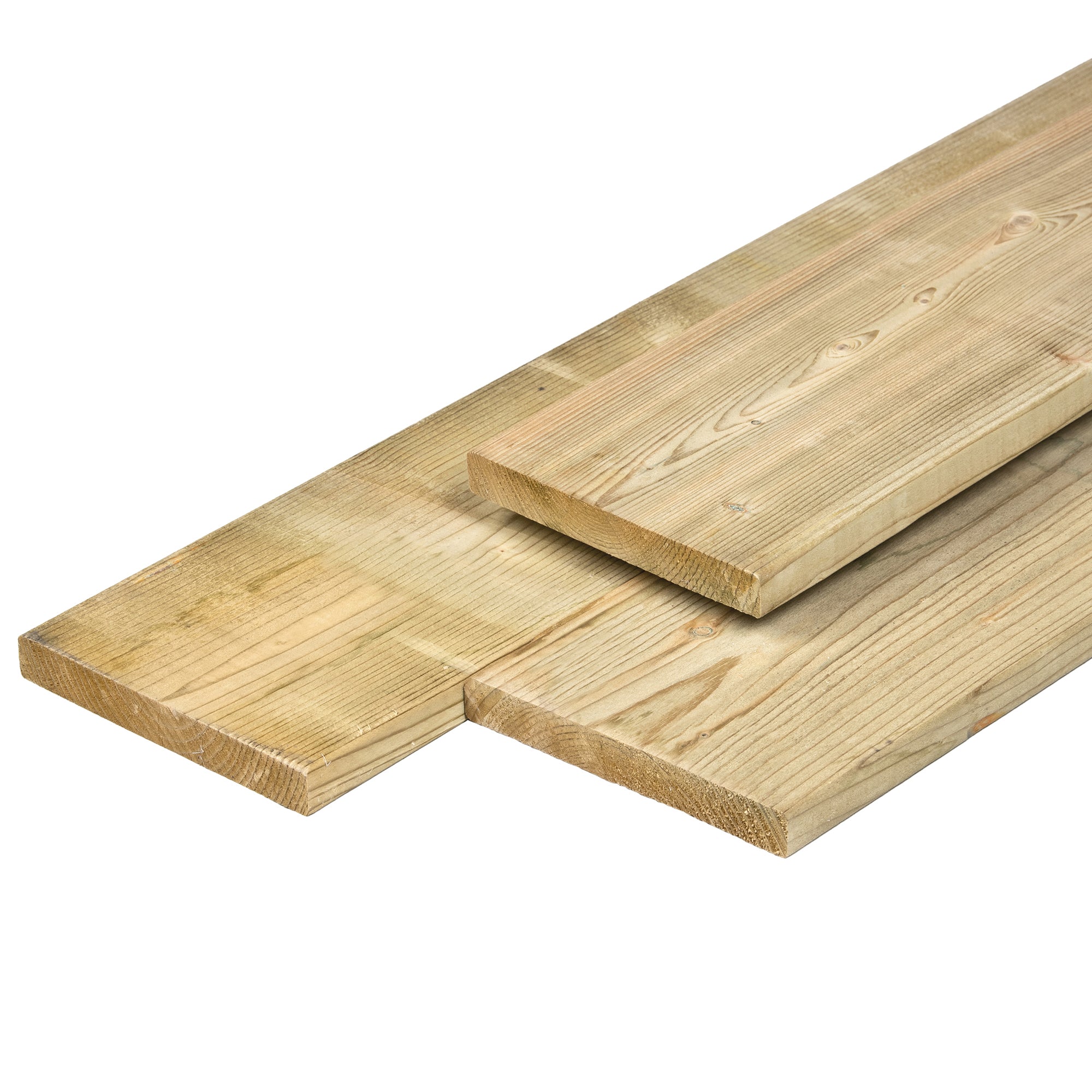 NE vuren plank 1,9 x 14,5 x 390 cm, vers, groen geïmpregneerd, geschaafd, 4 ronde hoeken