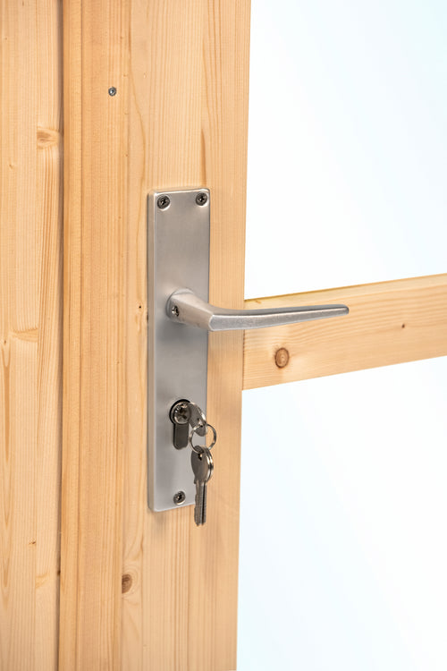 Dubbele deur+kozijn, vuren, enkel glas D1