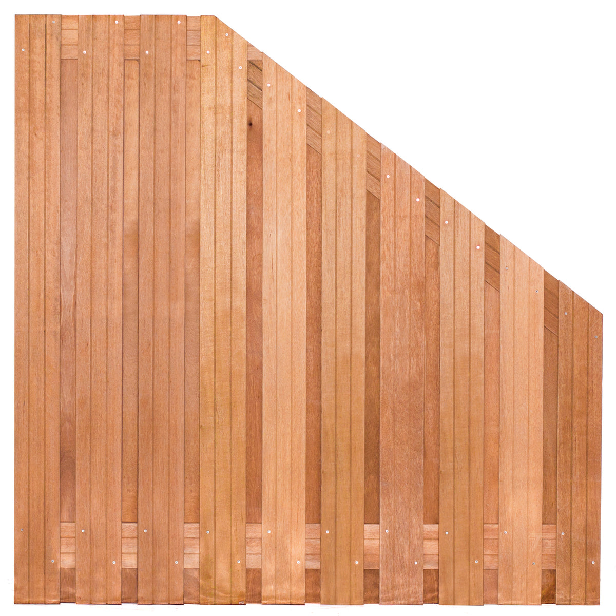 Tuinscherm Dronten, keruing hardhout, RVS-geschroefd, 21-planks (19+2) 180 x 180/90 cm