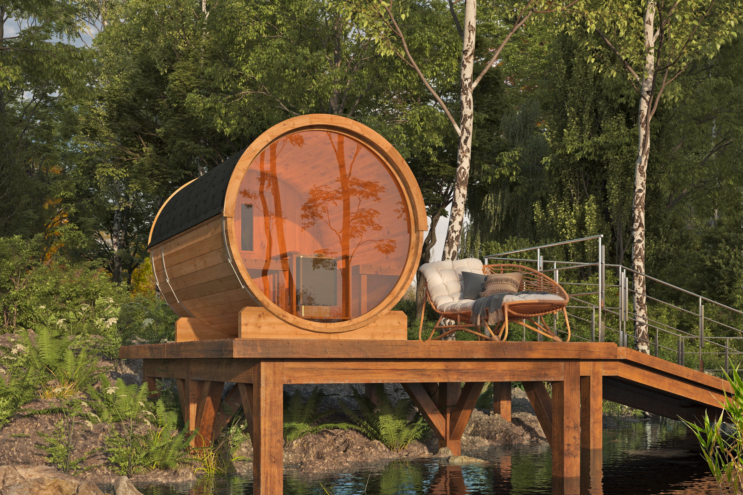 Saunabarrel | Ø205 x 300 cm | 42 mm | Thermowood | met panorama raam